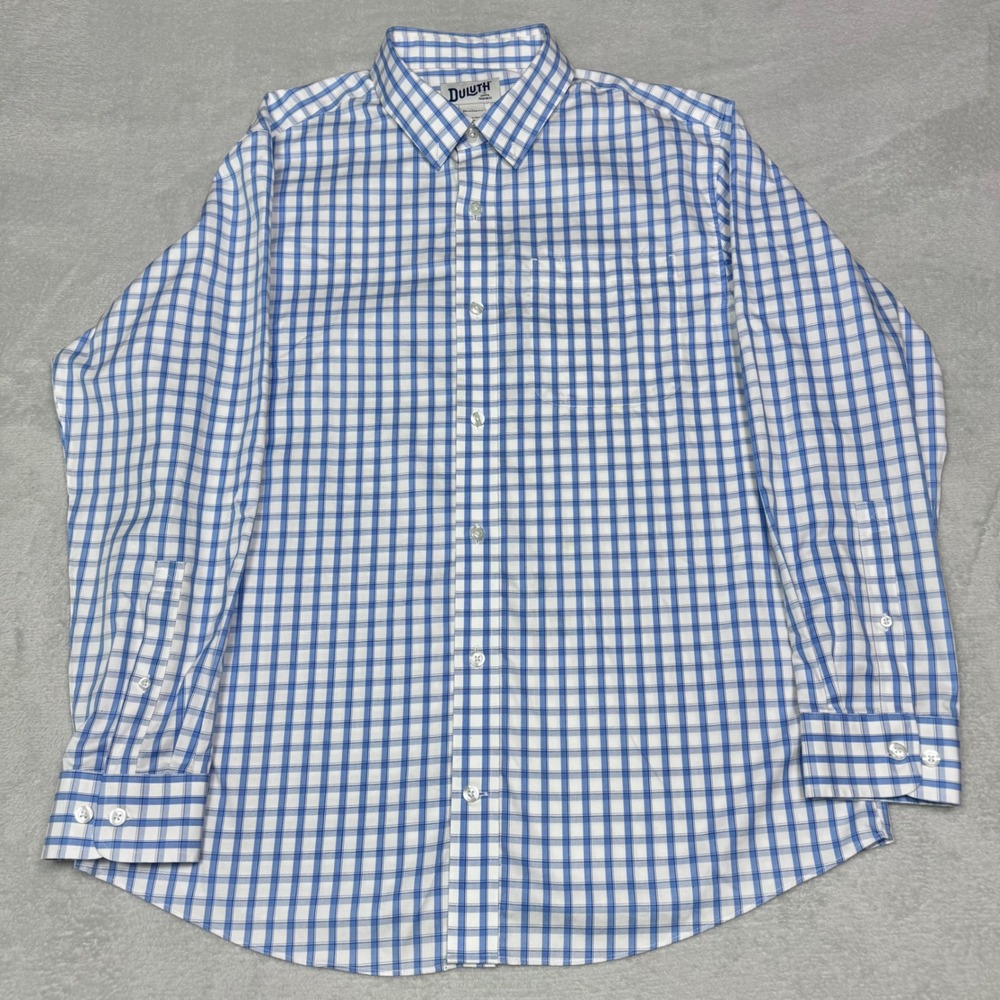 Duluth Trading Co Button Up Men Large Blue White Plaid Relaxed Fit Long Sleeve